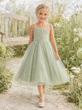 Romantic A-Line Sage Pearl Embellished Spaghetti Strap Tulle Flower Girl Tea-Length Garden Dress front view