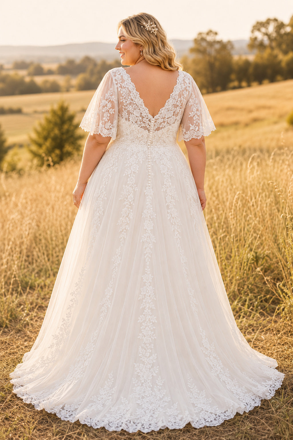 Plus Size Ivory V-Neck Flutter Sleeve Lace Tulle A-Line Wedding Dress with Flutter Lace Sleeves and Sweep Train back view