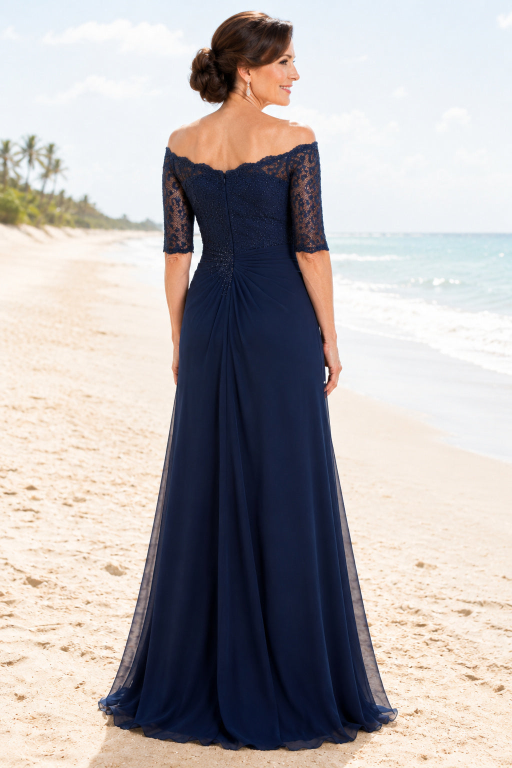 Dark Navy Off the Shoulder Mother Dress with Lace Sleeves and Draped Chiffon Skirt back view
