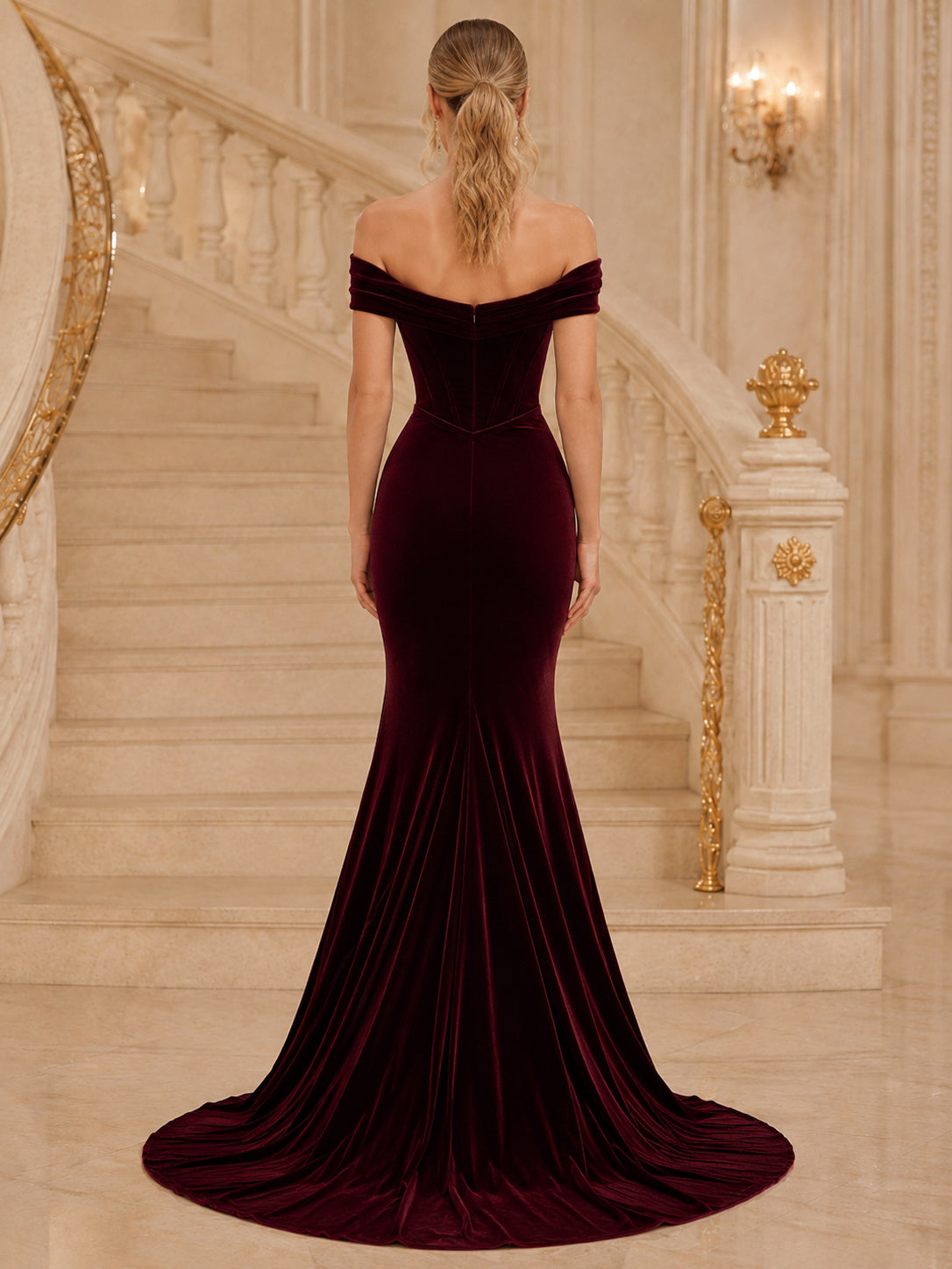 Burgundy Velvet Off Shoulder Charity Ball Mermaid Gown back view