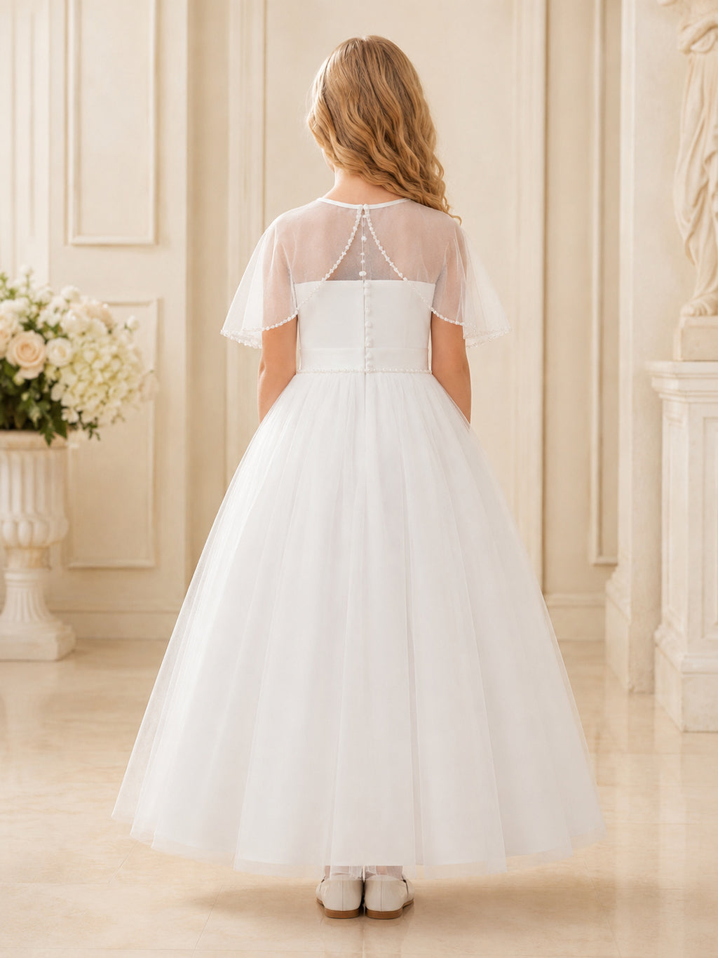 White Detachable Capelet Tulle Formal Communion Flowergirl Ceremony Dress back view