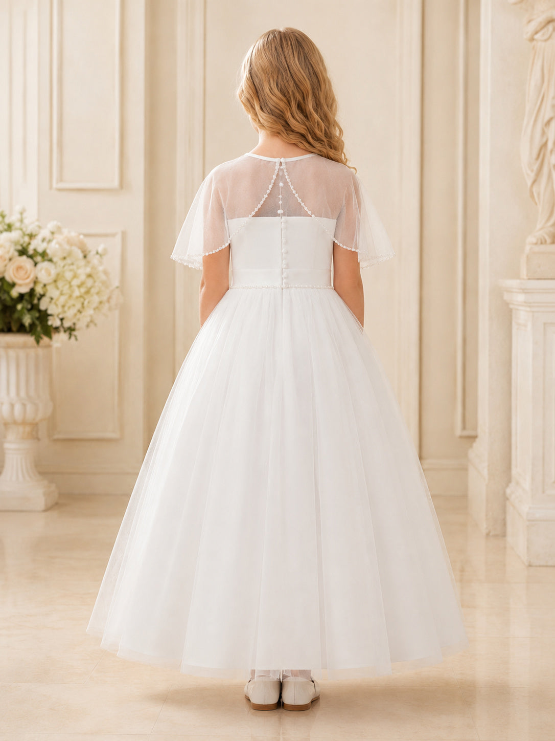 White Detachable Capelet Tulle Formal Communion Flowergirl Ceremony Dress back view