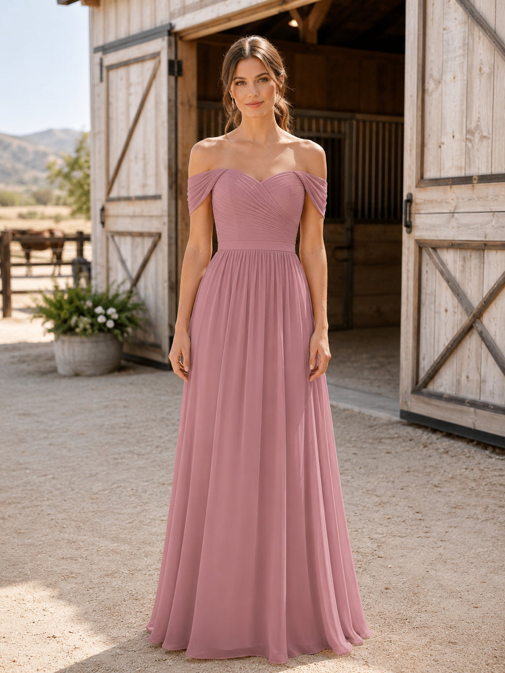 Dusty Rose Chiffon A-Line Off-Shoulder Sweetheart Short Sleeve Pleated Zip Back Floor-Length Bridesmaid Dress front view