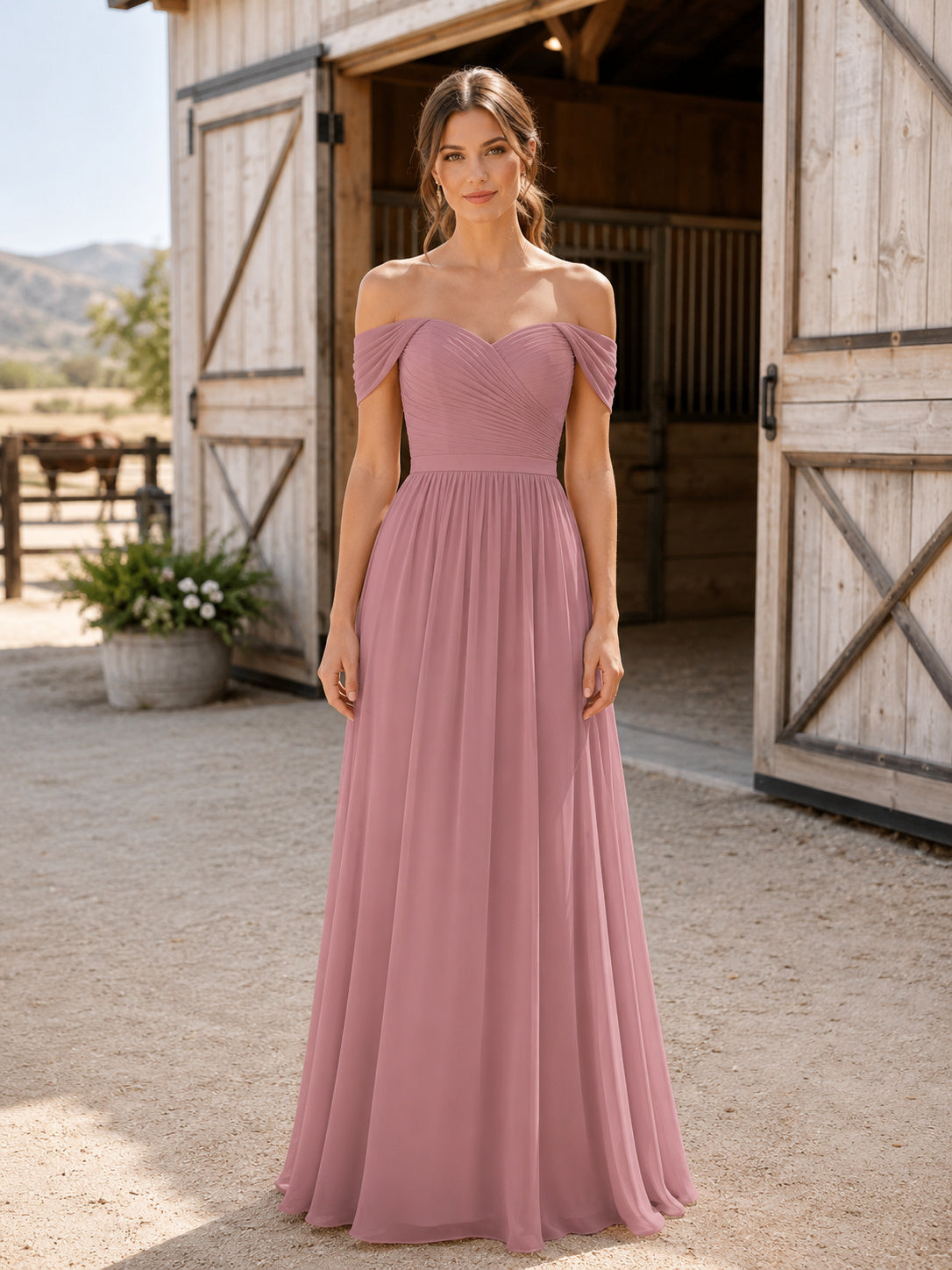 Dusty Rose Chiffon A-Line Off-Shoulder Sweetheart Short Sleeve Pleated Zip Back Floor-Length Bridesmaid Dress front view