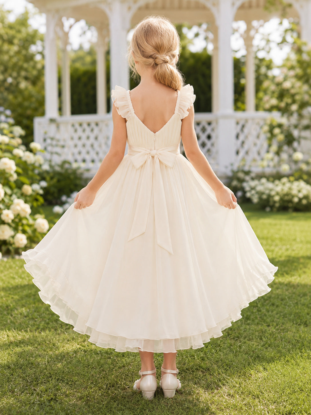 Ivory Chiffon A-Line Flower Girl Dress with Short Sleeve, V-Neck, Tea-Length Skirt, Bow Detail back view