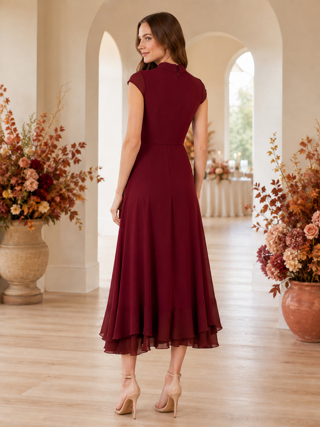 Burgundy High Neck Cap Sleeve Ruffle High-Low Wedding Guest Dress back view