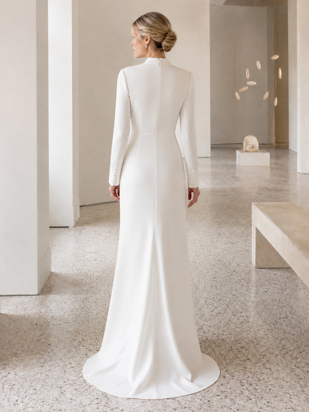 High Neck Long Sleeve Crepe Column Wedding Dress back view