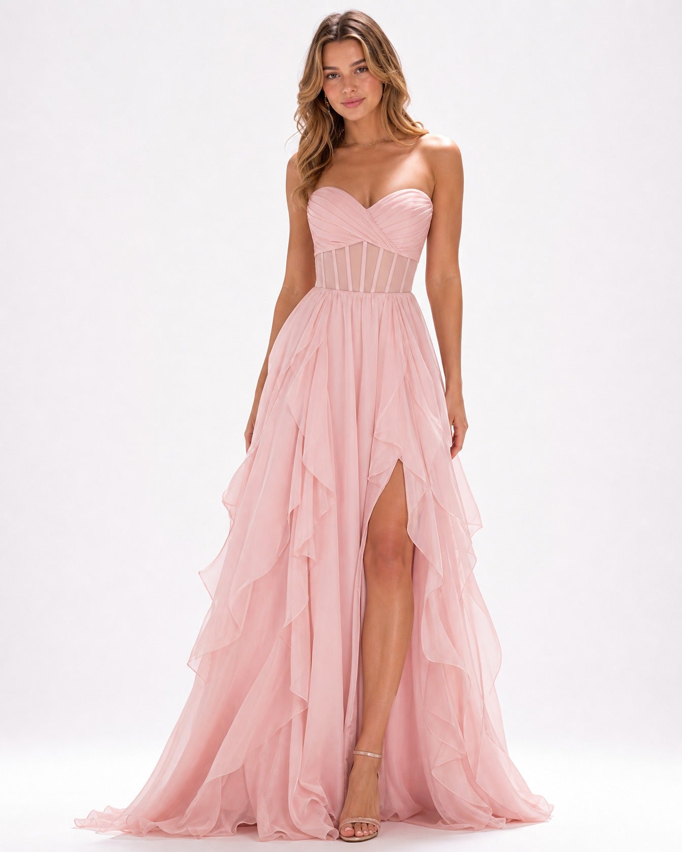 Blush Strapless Floor-Length Chiffon A-Line Dress