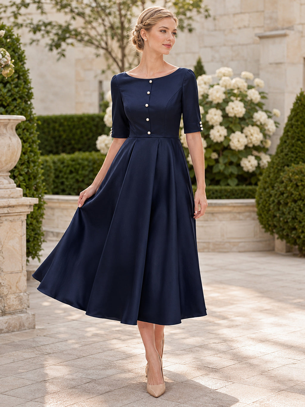 Dark Navy Bateau Half Sleeve Pearl Button Satin A Line Tea Guest Dress front view