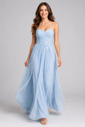 Sky Blue Strapless Tulle A-Line Formal Dress with Sweetheart Neckline front view