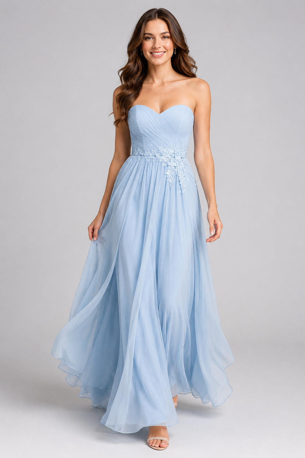 Sky Blue Strapless Tulle A-Line Formal Dress with Sweetheart Neckline front view