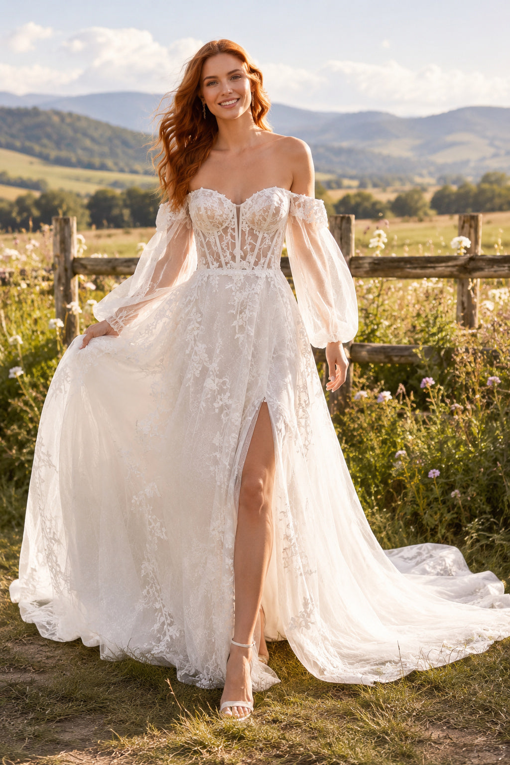 Ivory Sexy Off-the-Shoulder A-Line Soft Tulle Wedding Dress with Detached Long Sleeves and Chapel Train front view