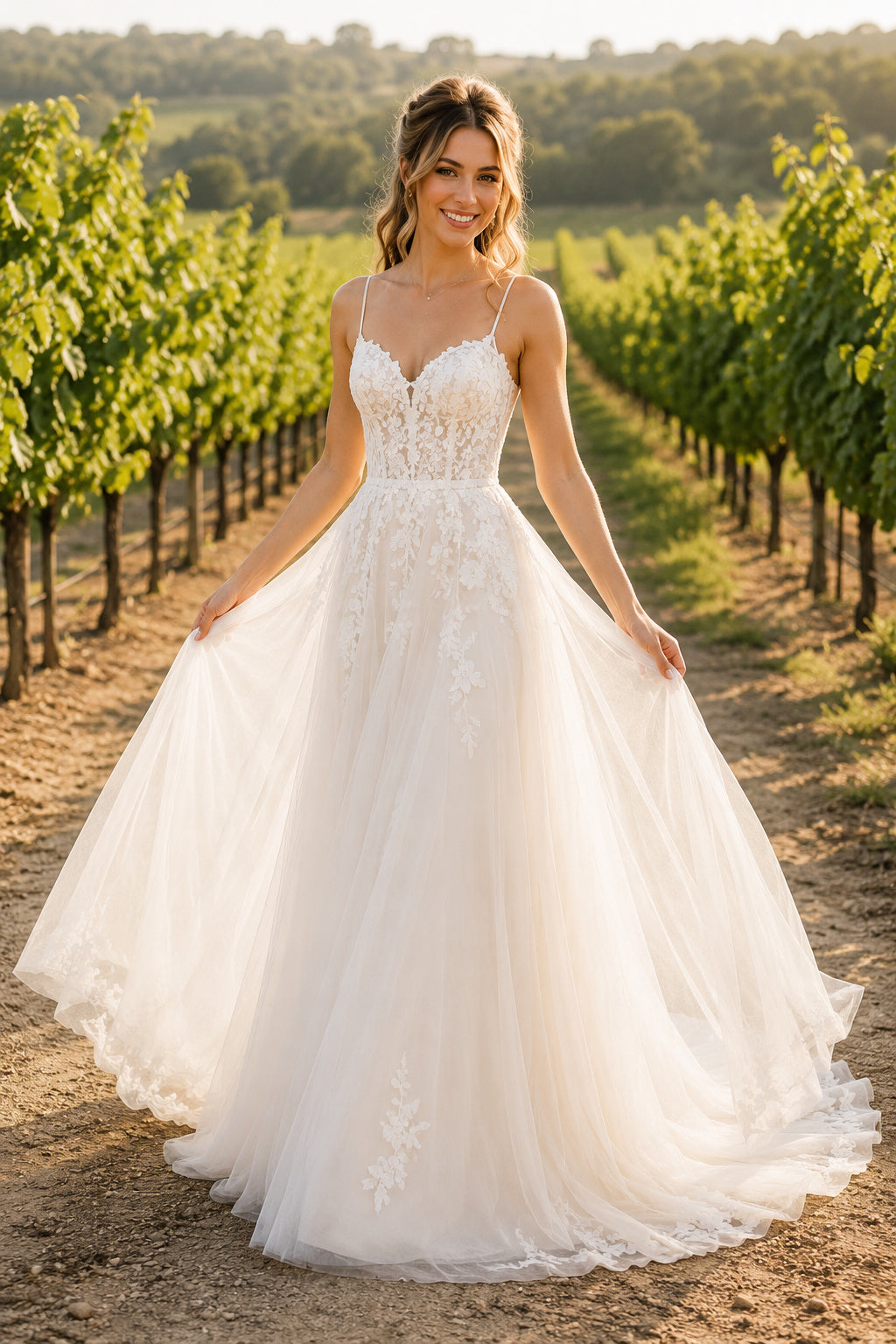 Ivory Sweetheart Strap Lace A-Line Wedding Dress with Full Tulle Skirt and Soft Train front view