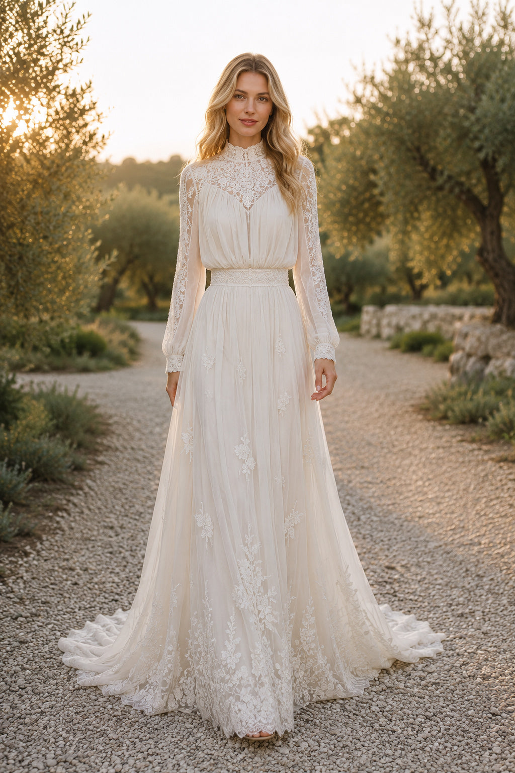 High Neck Long Sleeve A-Line Wedding Dress with Lace Bodice Sash and Full Train for Beach Garden Ceremony front view