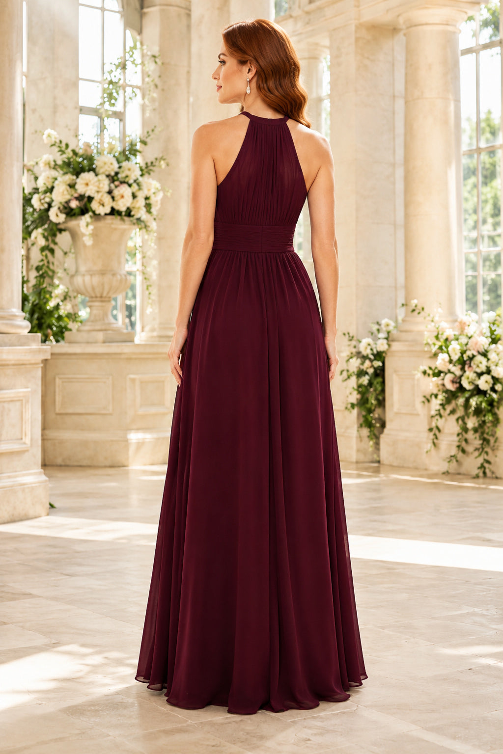 Burgundy Halter Chiffon A-Line Bridesmaid Dress with High Neck and Flowing Skirt back view