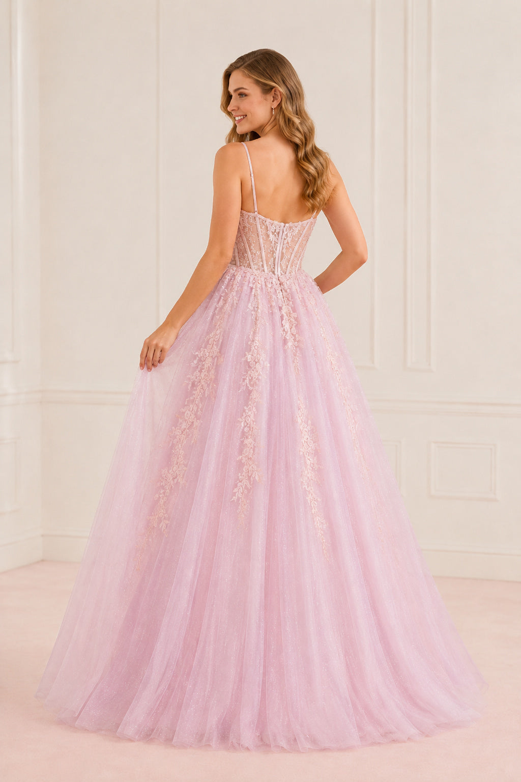 Pearl Pink Spaghetti Strap Tulle A-Line Prom Dress with Lace Corset Bodice back view