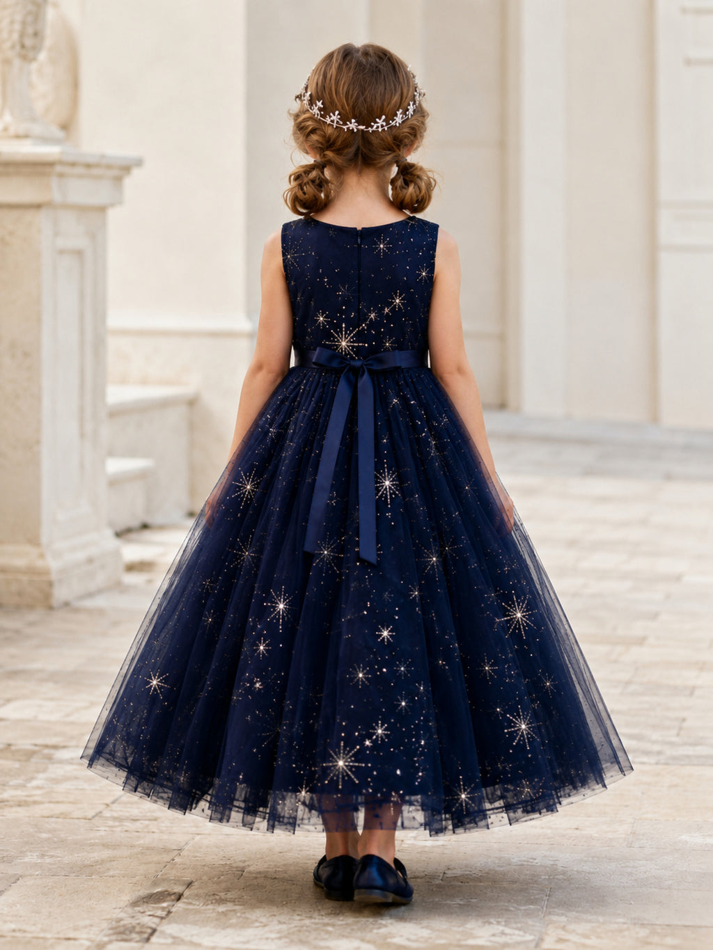 Navy Modern A-Line Tulle Flower Girl Dress Sleeveless Jewel Neck Tea-Length Sequin Star back view