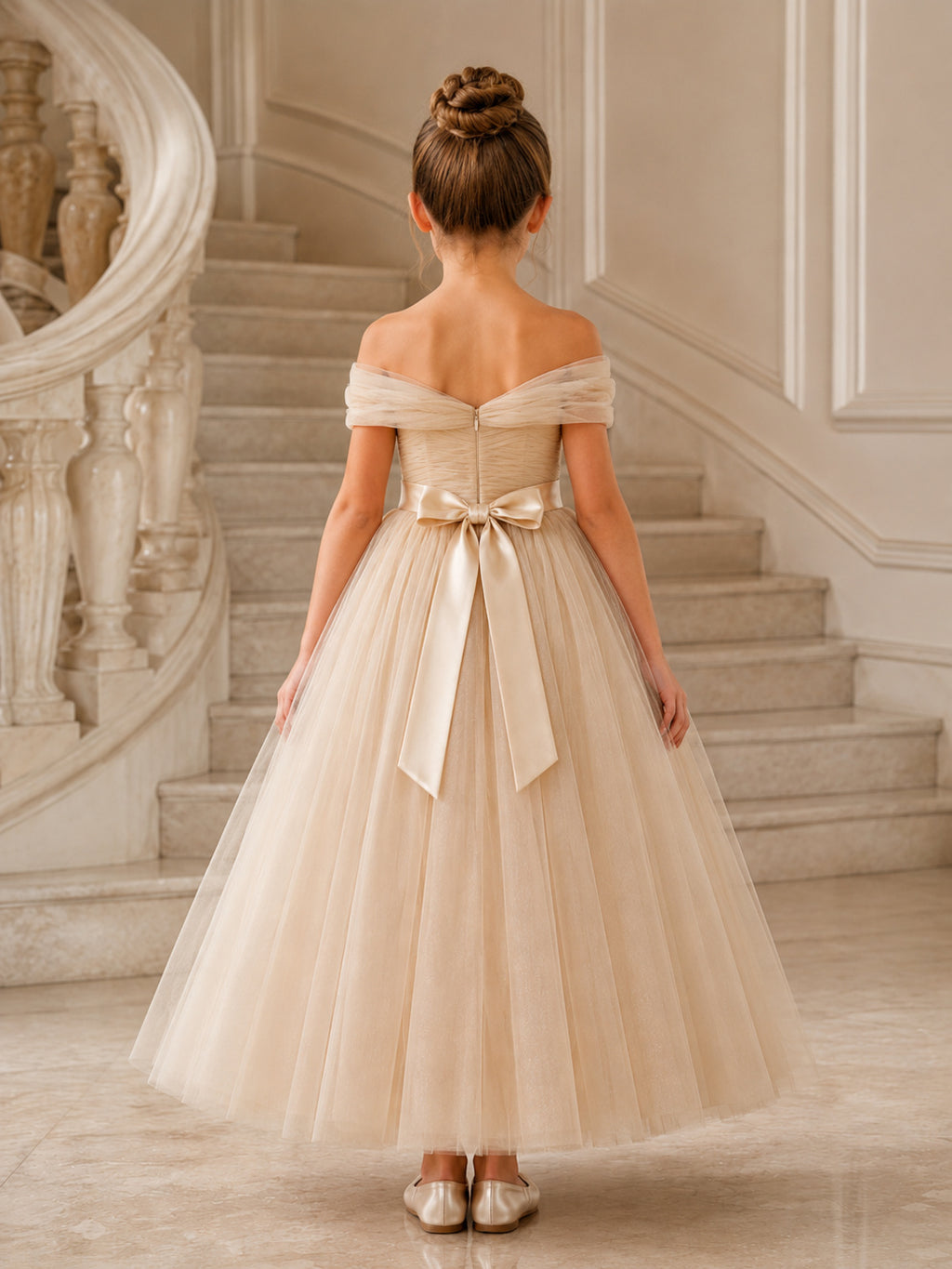 Champagne Bow Back Tulle A-Line Flower Girl Dress with Off-Shoulder Neckline, Cap Sleeves, and Tea-length Skirt back view