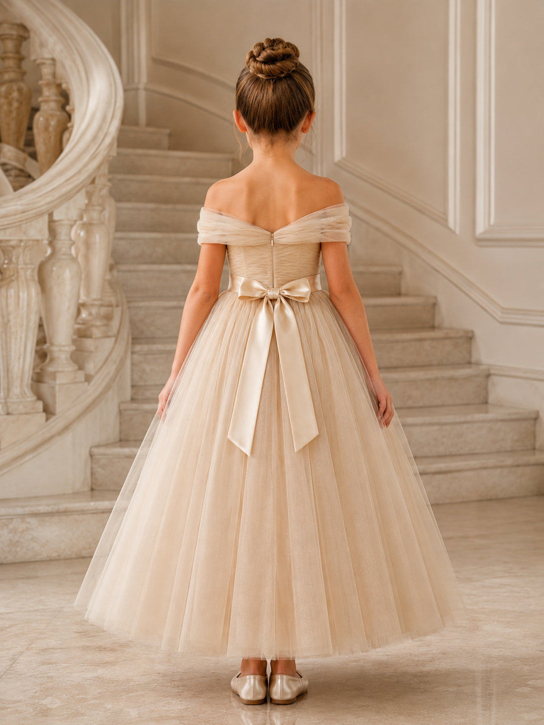 Champagne Bow Back Tulle A-Line Flower Girl Dress with Off-Shoulder Neckline, Cap Sleeves, and Tea-length Skirt back view