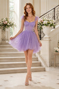 Lavender Puff Sleeve Tulle Corset A-Line Mini Dress front view
