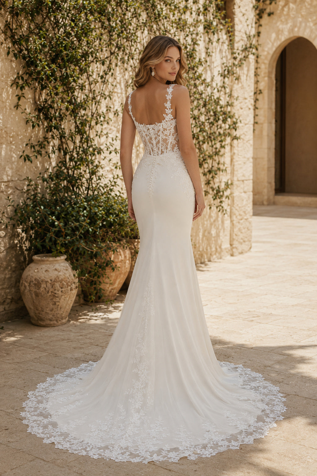 Ivory Modern Square Neck Mermaid Satin Lace Wedding Dress with Spaghetti Straps and Sweep Train back view