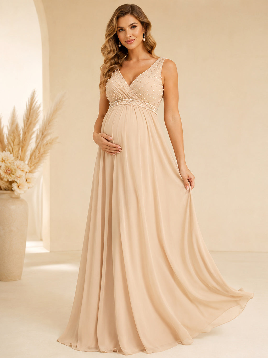 Champagne Maternity V-Neck Beaded Strap Chiffon Empire Sweep Formal Gown front view