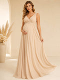 Champagne Maternity V-Neck Beaded Strap Chiffon Empire Sweep Formal Gown front view