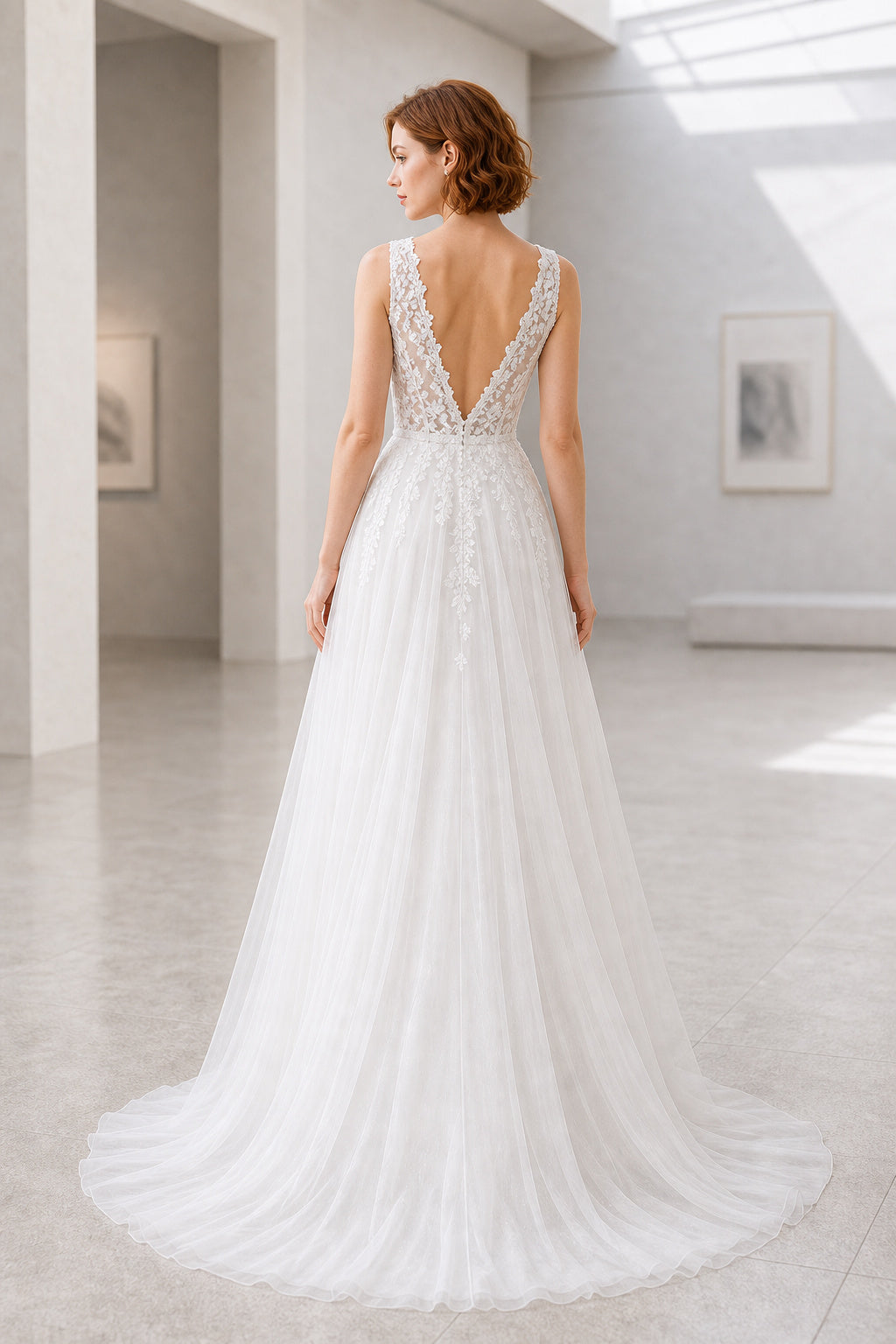 Ivory Off-the-shoulder Mermaid Crepe, Lace Floor-length Wedding Dress With Lace and Front Slit and Open Back Back Bow