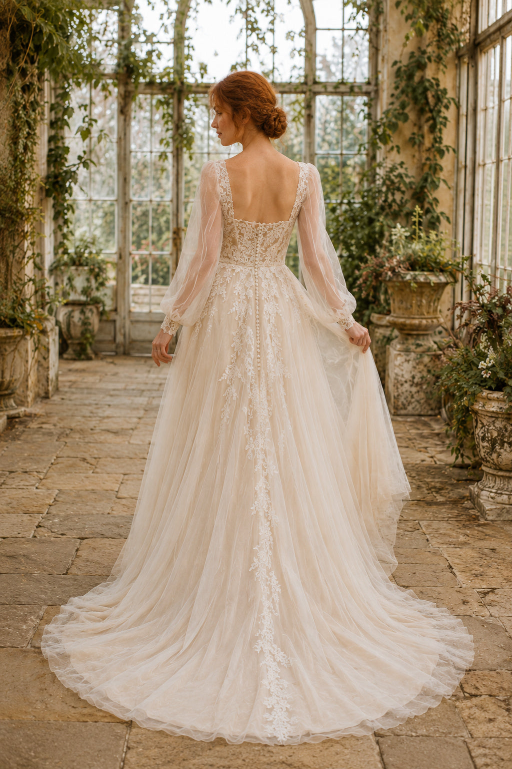 Champagne Square Neck Bishop Sleeve A-Line Wedding Dress with Tulle Skirt and Train back view
