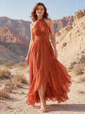 Terracotta halter high-low desert wedding guest chiffon gown front view