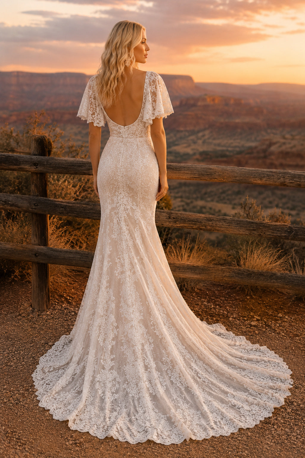 Ivory Square Neck Flutter Sleeve Lace Mermaid Wedding Dress with Low Back and Train back view
