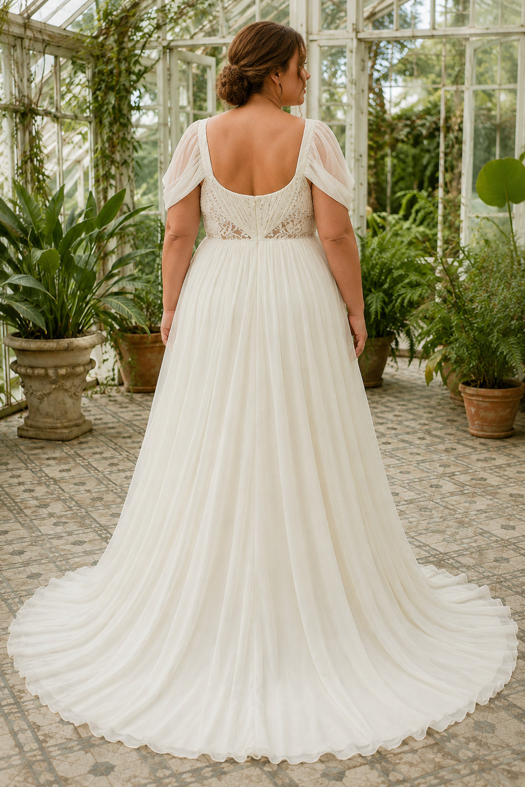 Plus Size Ivory Square Neck Flutter Sleeve Lace Tulle A-Line Wedding Dress with Square Bodice and Flowing Chiffon Skirt back