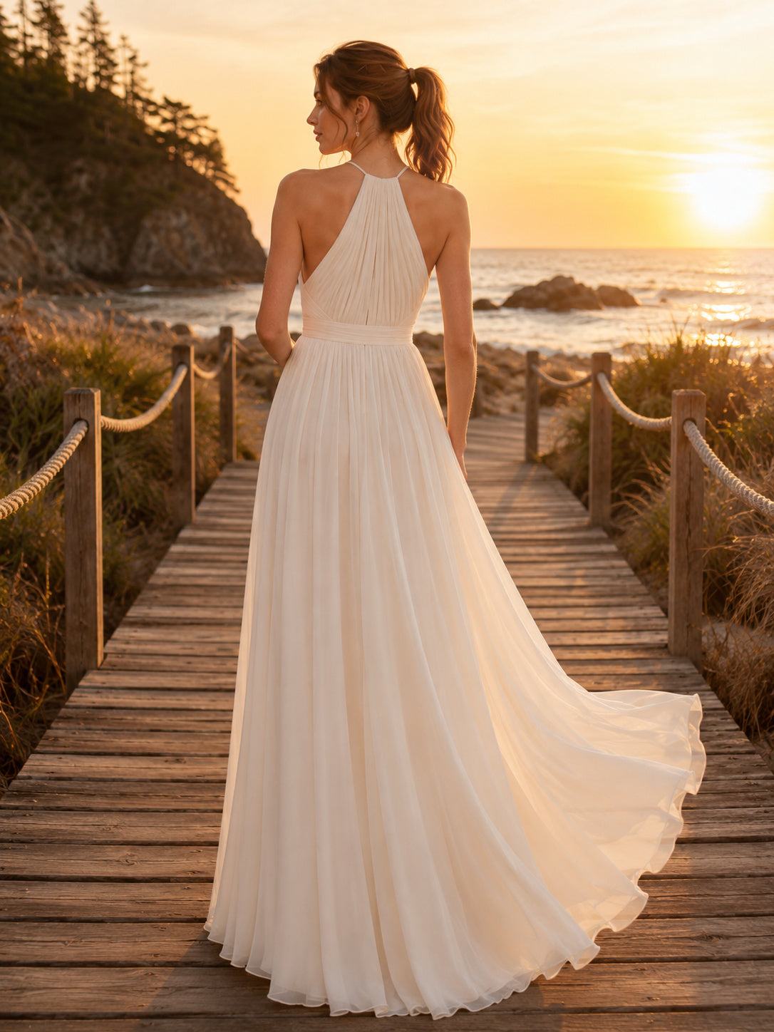 High Neck Halter Pleated Chiffon Beach Bridal Gown back view