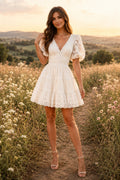 Ivory V-Neck Puff Sleeve Lace Mini Dress For Garden Reception for Wedding Reception and Party front view