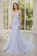 Light Blue V-neck Spaghetti Strap Mermaid Lace Floor-Length Dress With Low Back