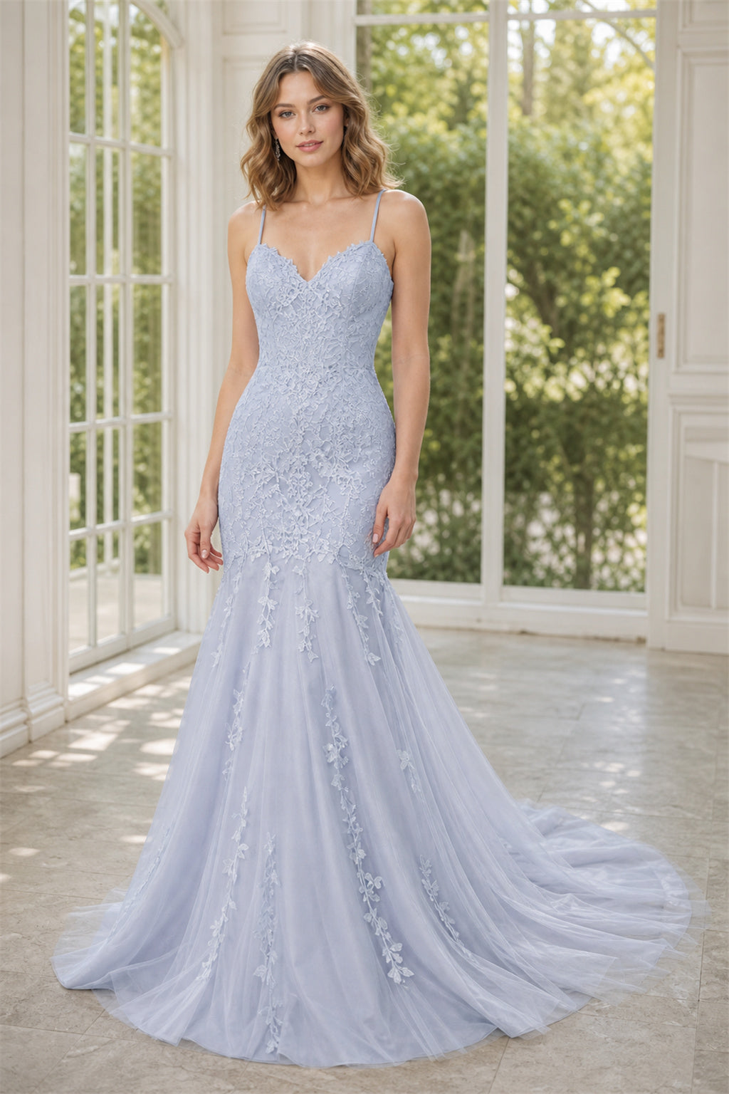 Light Blue V-neck Spaghetti Strap Mermaid Lace Floor-Length Dress With Low Back