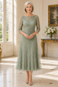 Sage Tea Length Lace A-Line Mother Dress with Three Quarter Illusion Sleeves front view