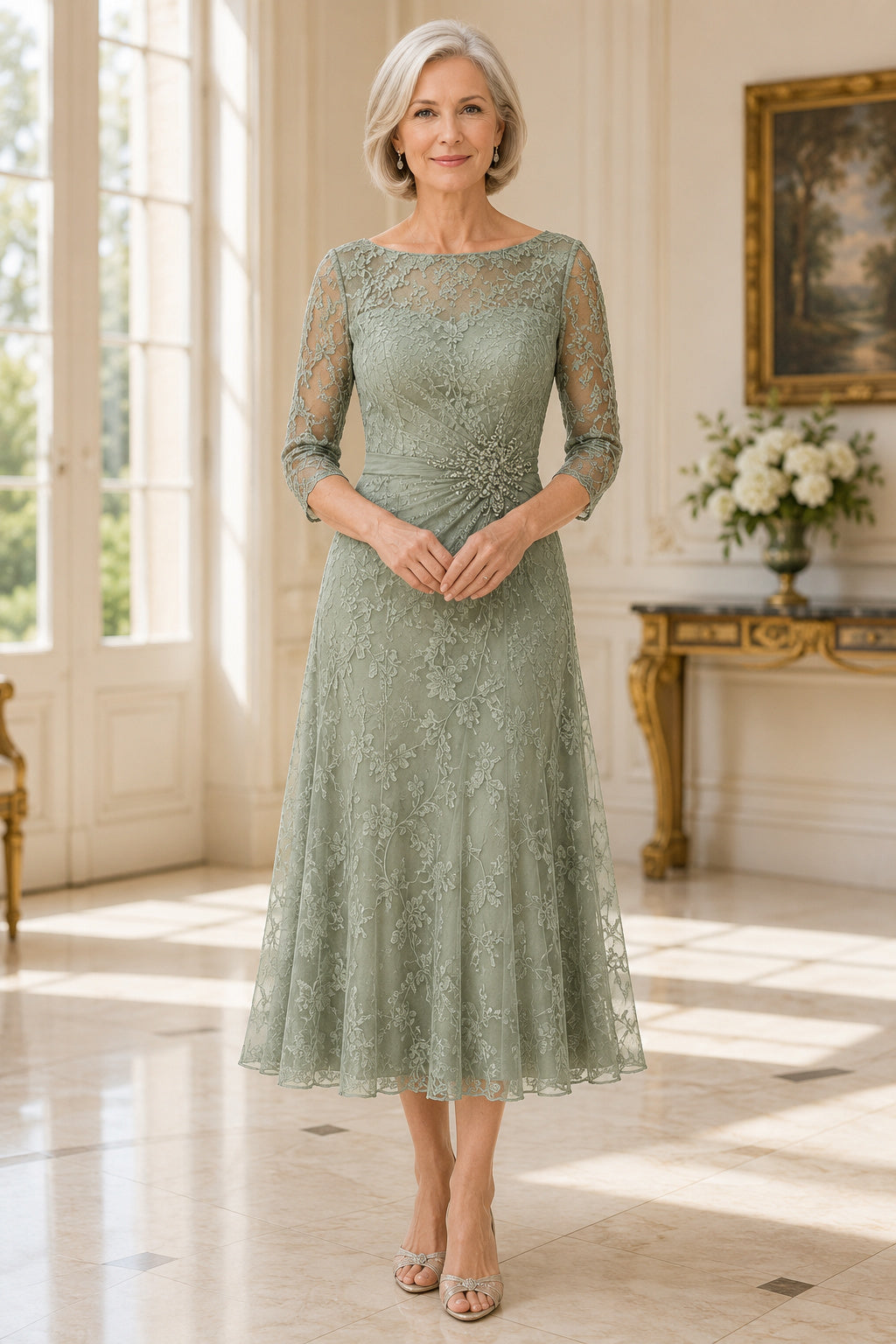 Sage Tea Length Lace A-Line Mother Dress with Three Quarter Illusion Sleeves front view