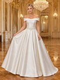 White Off Shoulder Beaded Waist Satin Ball Gown Sweep Train Vienna Opera Dress front view