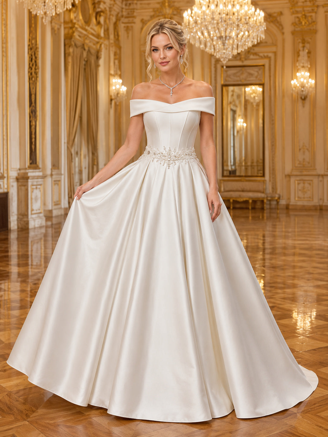White Off Shoulder Beaded Waist Satin Ball Gown Sweep Train Vienna Opera Dress front view