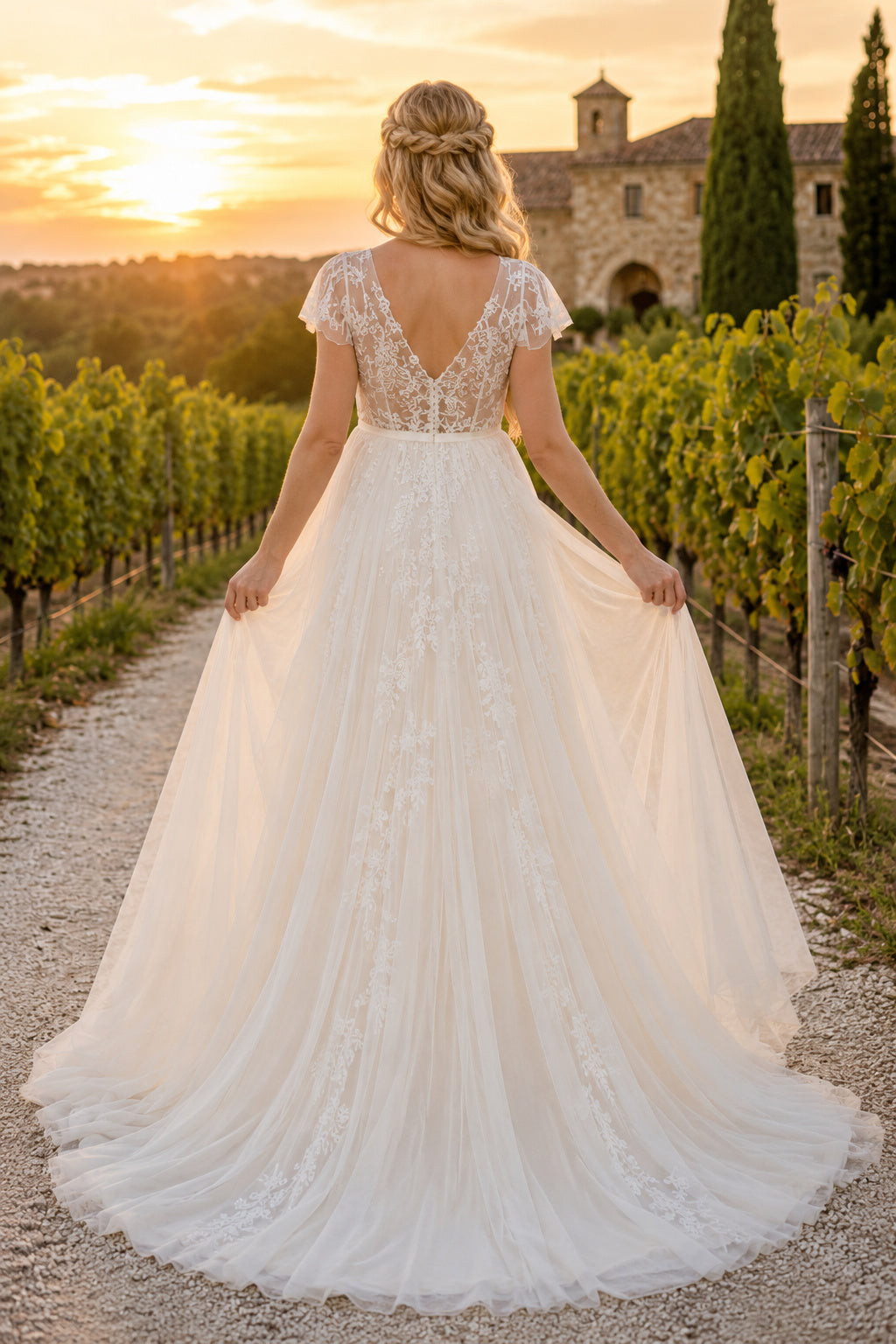 Ivory Cap Sleeve Lace Maternity Wedding Dress with Full A-Line Skirt back view