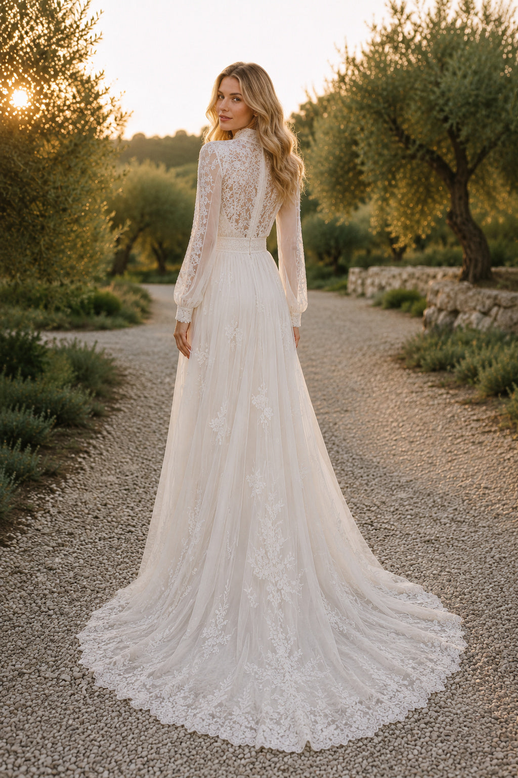 High Neck Long Sleeve A-Line Wedding Dress with Lace Bodice Sash and Full Train for Beach Garden Ceremony back view