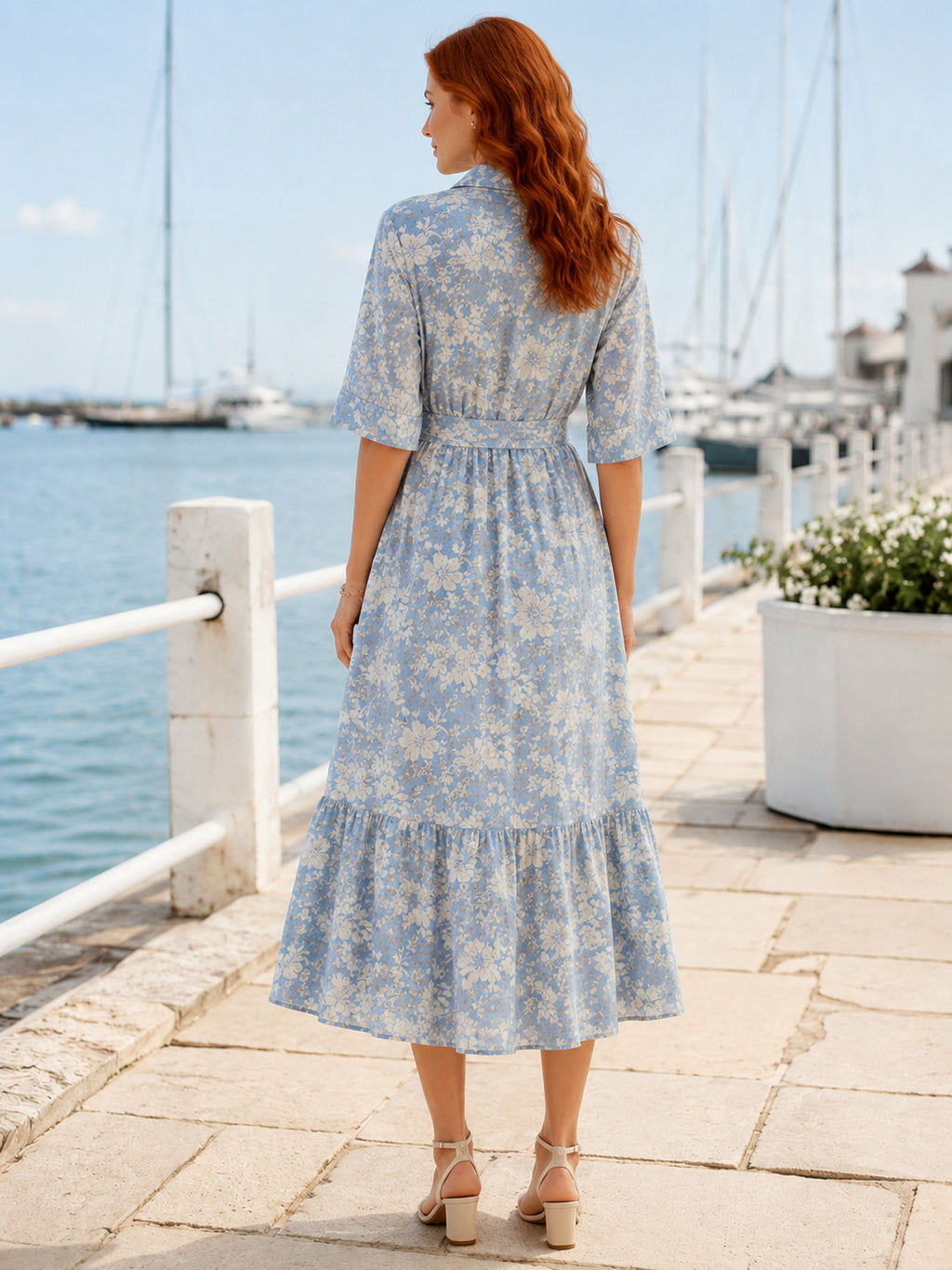 Sky Blue Collared Half Sleeve Floral Linen A Line Tea Coastal Guest Dress back view