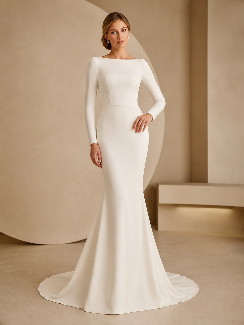 Long Sleeve Bateau Crepe Mermaid Modest Studio Wedding Dress front view