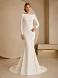 Long Sleeve Bateau Crepe Mermaid Modest Studio Wedding Dress front view