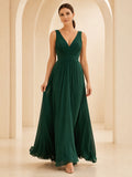 Dark Green V-Neck Lace Up Chiffon A-Line Gown front view