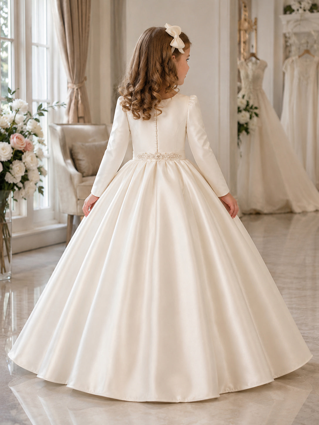 Luxury Modest Satin Ball Gown Flower Girl Floor-Length Long Sleeve Formal Dress back view