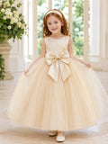 Champagne Tulle A-Line Flower Girl Dress with Sleeveless, jewel Neckline, and Tea length Skirt with Bow Accents front view