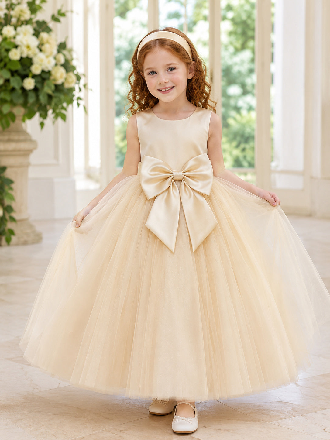 Champagne Tulle A-Line Flower Girl Dress with Sleeveless, jewel Neckline, and Tea length Skirt with Bow Accents front view