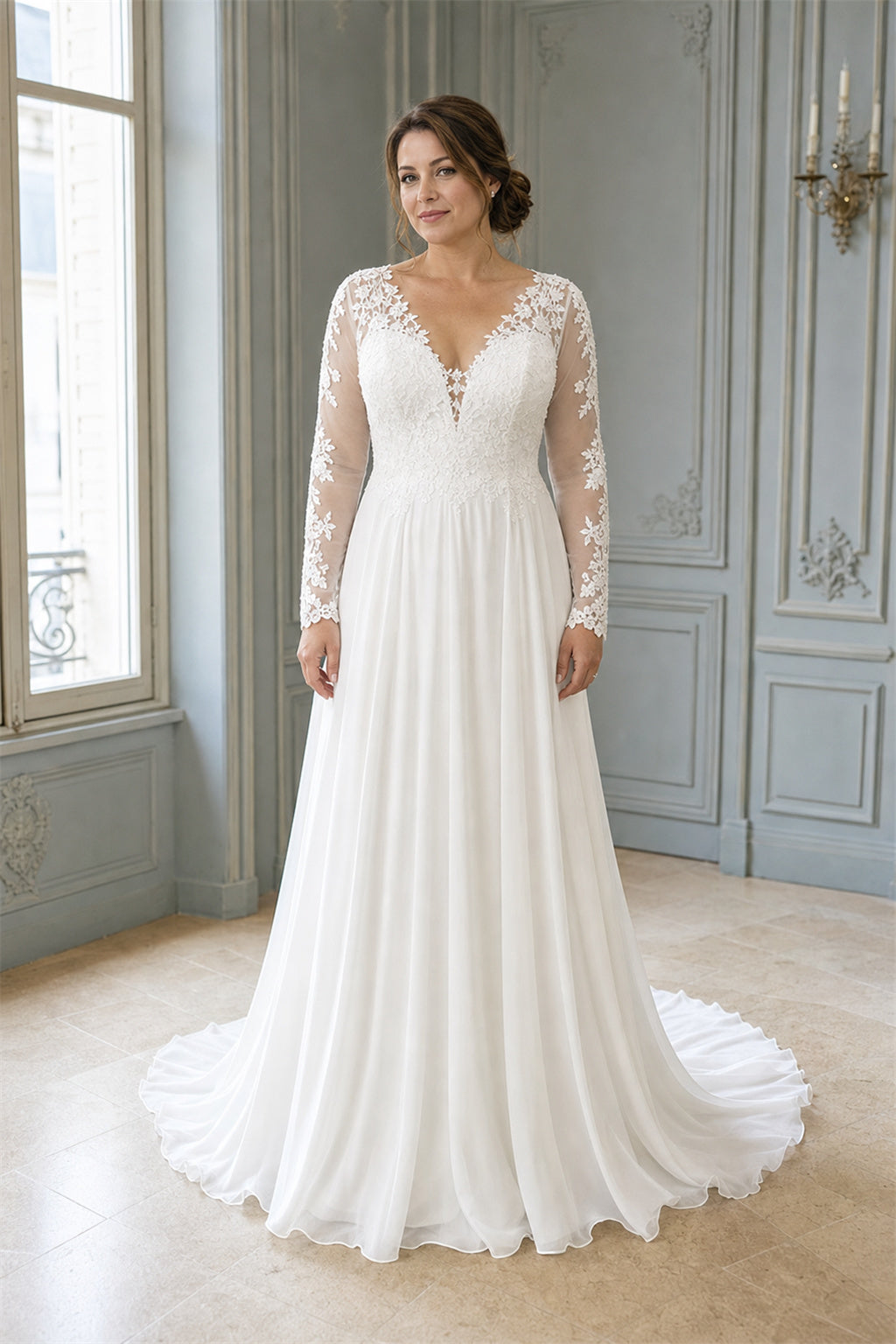 White Square Mermaid Crepe, Lace Floor-length Wedding Dress With Lace and Pleated Skirt and Open Back